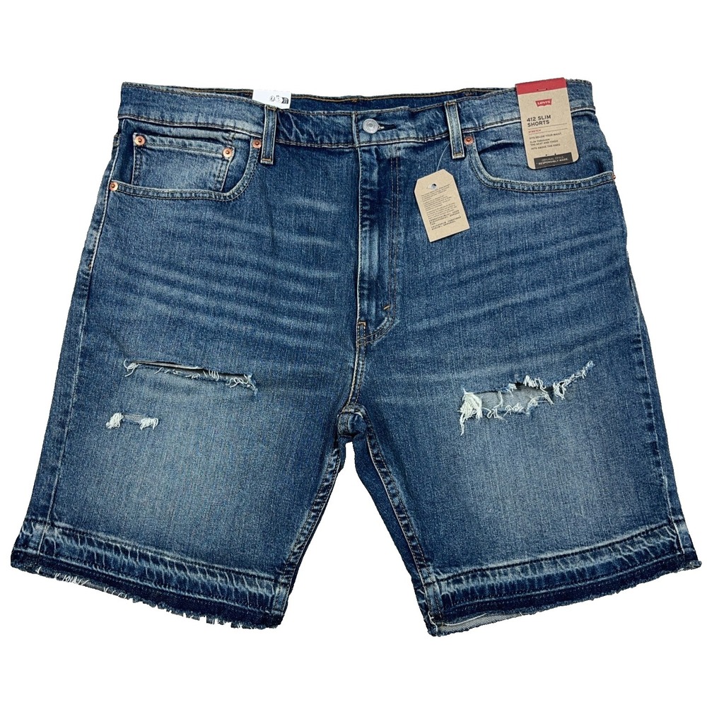 Levis 412 Shorts Men 40 Slim Fit Blue Jean Jorts Med Wash Faded Distressed Hole